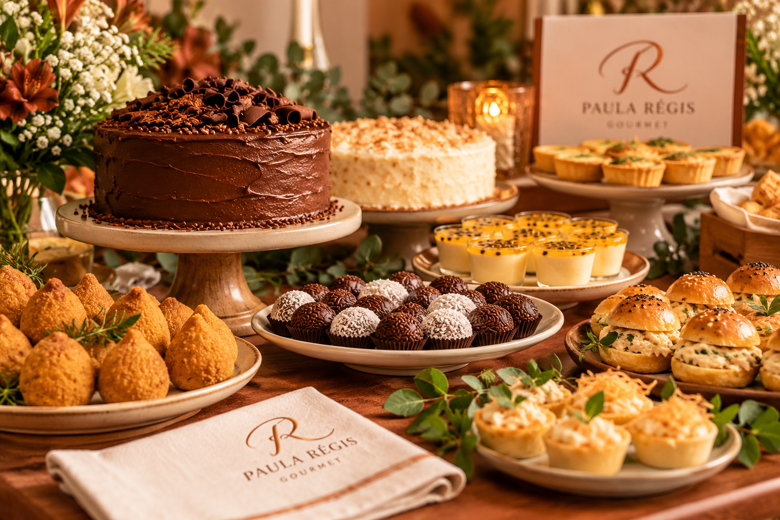 Mesa de buffet com bolos, doces e salgados artesanais para comemorações